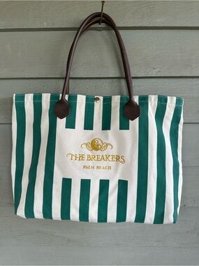 Vintage The Breakers Palm Beach Green Striped Canvas Tote Bag Leather Handle